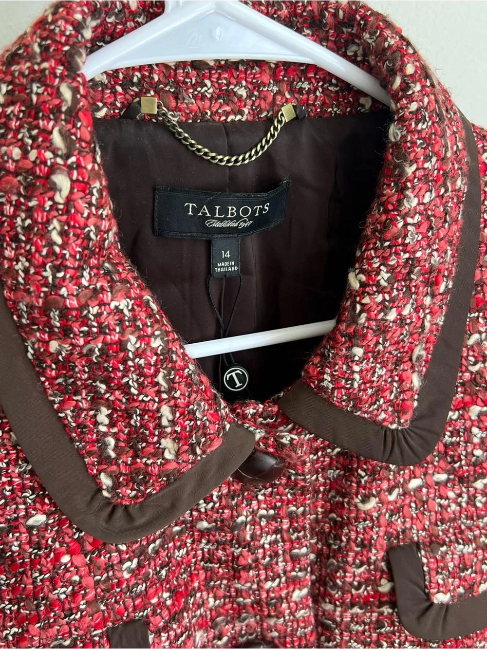 Talbots Red and Brown Trim Tweed Button-Front Jacket